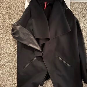 Spanx Black sweater Coat with Leather Sleeves